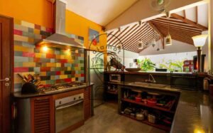 Villa Kaleidoscope kitchen with colorful tiled backsplash, Seminyak