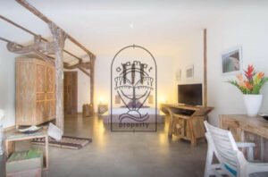 Villa Pachy spacious bedroom with carved wooden wardrobe and platform bed