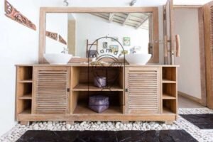 Villa Pachy bathroom with double basins and wooden vanity
