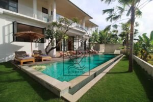 Villa Melati exterior by day with long pool and palm trees, Berawa Bali