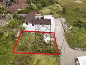 Freehold land for sale in Kedungu with plot boundary outlined in red beside a villa