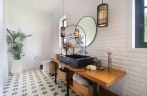 Villa Melati en-suite bathroom with patterned tile floor, Berawa Bali