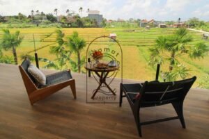 Villa Melati terrace breakfast table with ricefield view, Berawa Bali