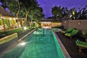 Villa for lease in Bali: Villa Mizu lap pool and deck at dusk